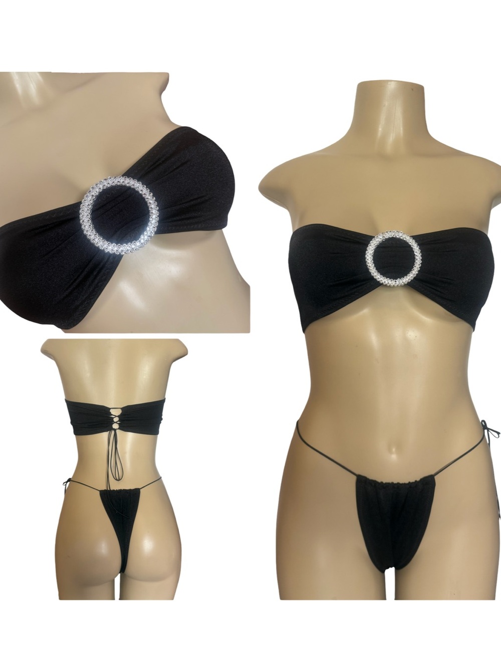 Strapless Black Bandeau Bikini Set with Rhinestone Ring